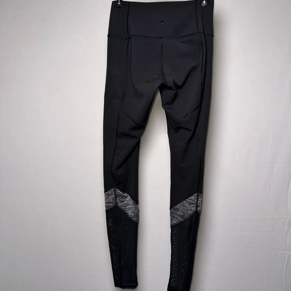 Lululemon Black Mesh Panel High Rise Leggings Size 8 Heathered‎ Grey Trim Yoga